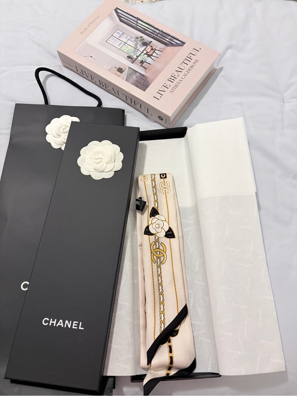 CHANEL Pink, Black & Gold Camellia Chain-Print Twilly